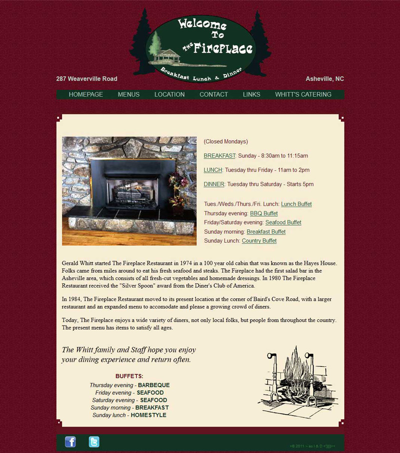 The Fireplace Restaurant Homepage Screenshot